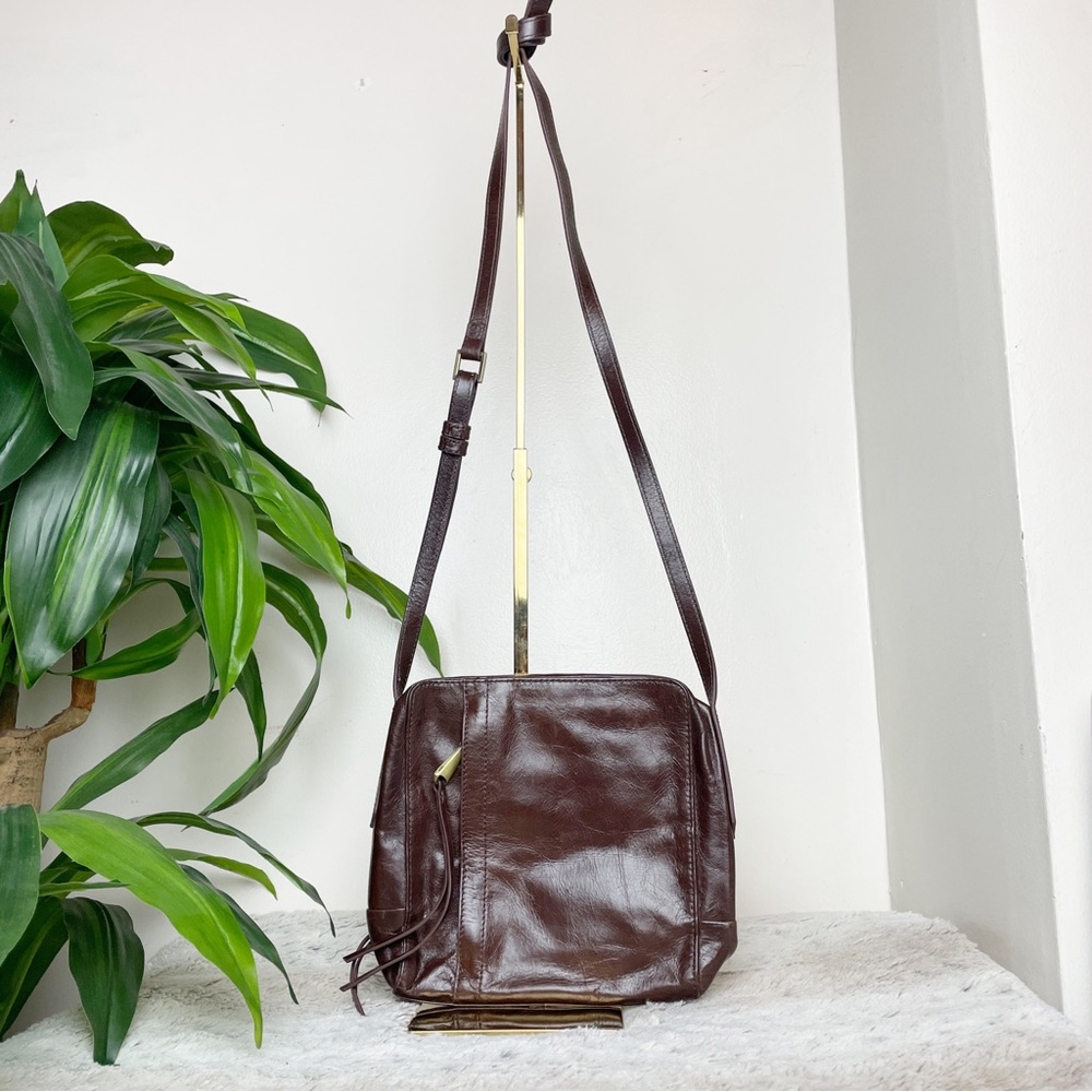 HOBO International Vintage Brown Leather Crossbody Organizer Bag Brass Hardware